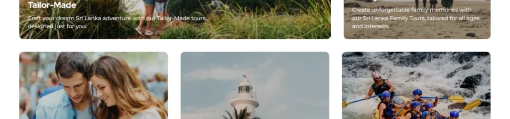 sri Lanka travel website collage with custom tours, family trips, and scenic highlights