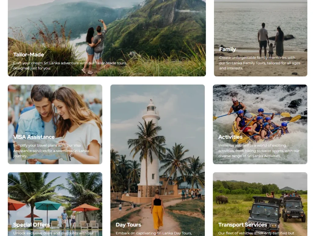 travel website featuring curated Sri Lanka experiences including couples retreats, adventure tours, and coastal escapes